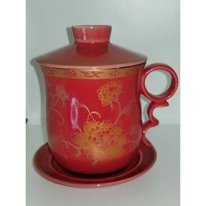 Chinese Dehua Porcelain Teacup Red & Gold Flowers Tea Cup with Lid & Saucer